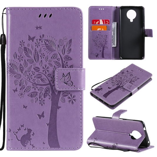 For Nokia G20 Tree & Cat Pattern Pressed Printing Horizontal Flip PU Leather Case with Holder & Card Slots & Wallet & Lanyard(Purple) - Nokia Cases by buy2fix | Online Shopping UK | buy2fix