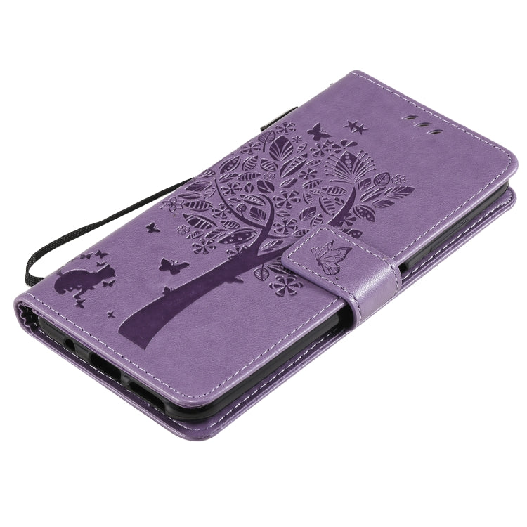 For Nokia G10 Tree & Cat Pattern Pressed Printing Horizontal Flip PU Leather Case with Holder & Card Slots & Wallet & Lanyard(Lavender) - Nokia Cases by buy2fix | Online Shopping UK | buy2fix