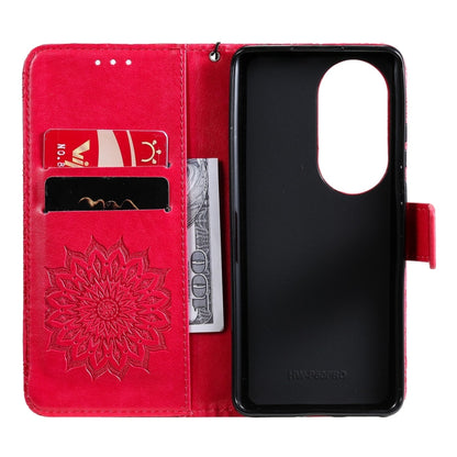 For Huawei P50 Pro Sun Embossing Pattern Horizontal Flip Leather Case with Card Slot & Holder & Wallet & Lanyard(Red) - Huawei Cases by buy2fix | Online Shopping UK | buy2fix