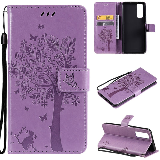 For vivo Y72 5G / iQOO Z3 Tree & Cat Embossing Pattern Horizontal Flip PU Leather Case with Holder & Card Slots & Wallet & Lanyard(Light Purple) - vivo Cases by buy2fix | Online Shopping UK | buy2fix