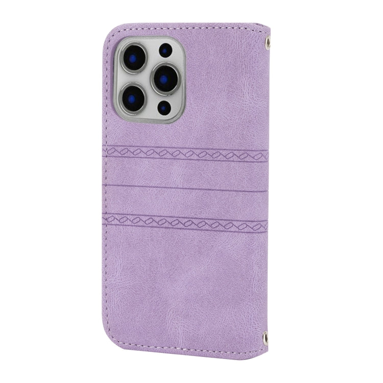 For iPhone 13 Pro Max Embossed Striped Magnetic Buckle PU + TPU Horizontal Flip Leather Case with Holder & Card Slot & Wallet & Photo Frame & Sling (Purple) - iPhone 13 Pro Max Cases by buy2fix | Online Shopping UK | buy2fix