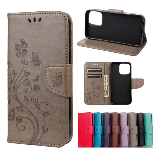 For iPhone 13 Butterfly Flower Pattern Horizontal Flip Leather Case with Holder & Card Slots & Wallet(Grey) - iPhone 13 Cases by buy2fix | Online Shopping UK | buy2fix