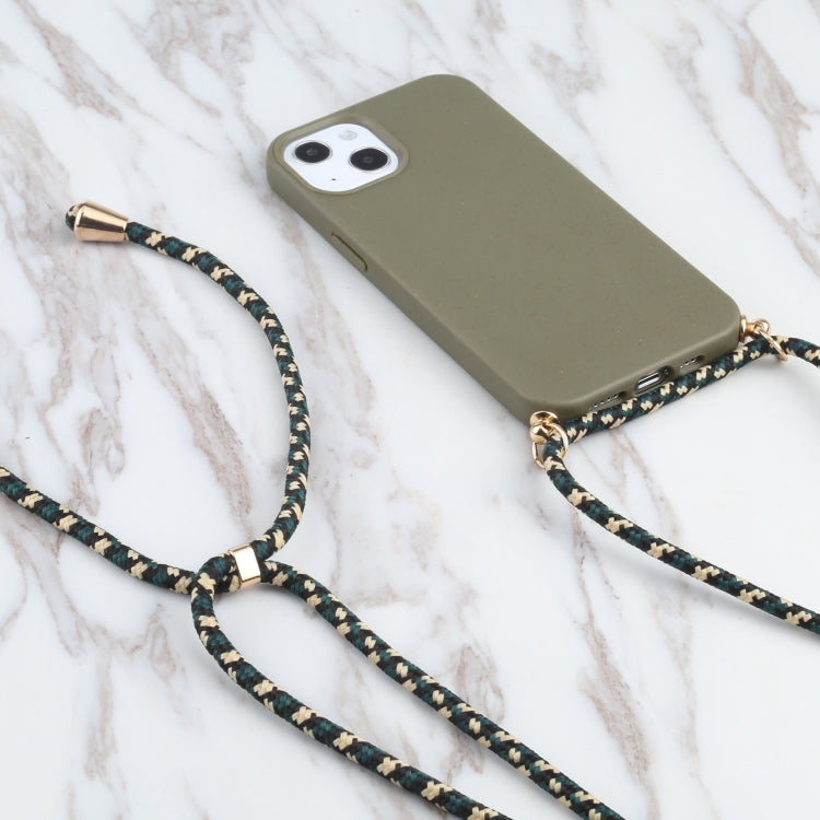 For iPhone 13 mini Wheat Straw Material + TPU Shockproof Case with Neck Lanyard (Dark Green) - iPhone 13 mini Cases by buy2fix | Online Shopping UK | buy2fix