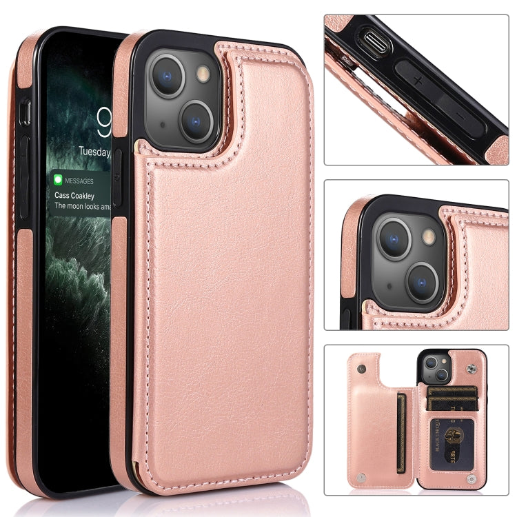 For iPhone 13 Double Buckle Shockproof PU Protective Case with Card Slots & Holder(Rose Gold) - iPhone 13 Cases by buy2fix | Online Shopping UK | buy2fix