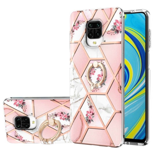 or Xiaomi Redmi Note 9S / Redmi Note 9 Pro / Redmi Note 9 Pro Max Electroplating Splicing Marble Flower Pattern TPU Shockproof Case with Rhinestone Ring Holder(Pink Flower) - Xiaomi Cases by buy2fix | Online Shopping UK | buy2fix