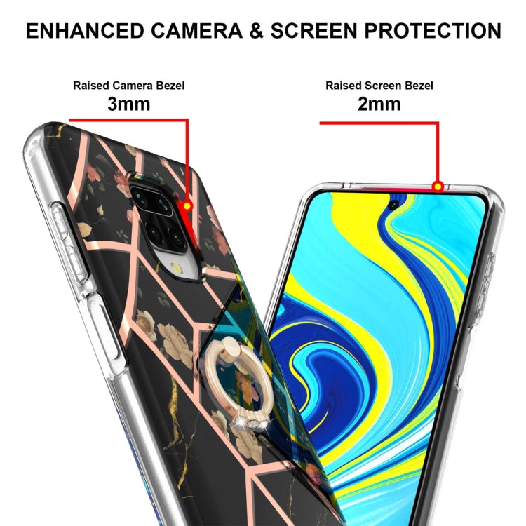 or Xiaomi Redmi Note 9S / Redmi Note 9 Pro / Redmi Note 9 Pro Max Electroplating Splicing Marble Flower Pattern TPU Shockproof Case with Rhinestone Ring Holder(Black Flower) - Xiaomi Cases by buy2fix | Online Shopping UK | buy2fix