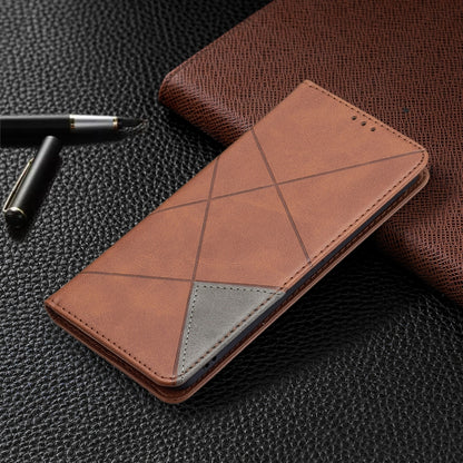 For OPPO Reno6 Rhombus Texture Horizontal Flip Magnetic Leather Case with Holder & Card Slots(Brown) - OPPO Cases by buy2fix | Online Shopping UK | buy2fix