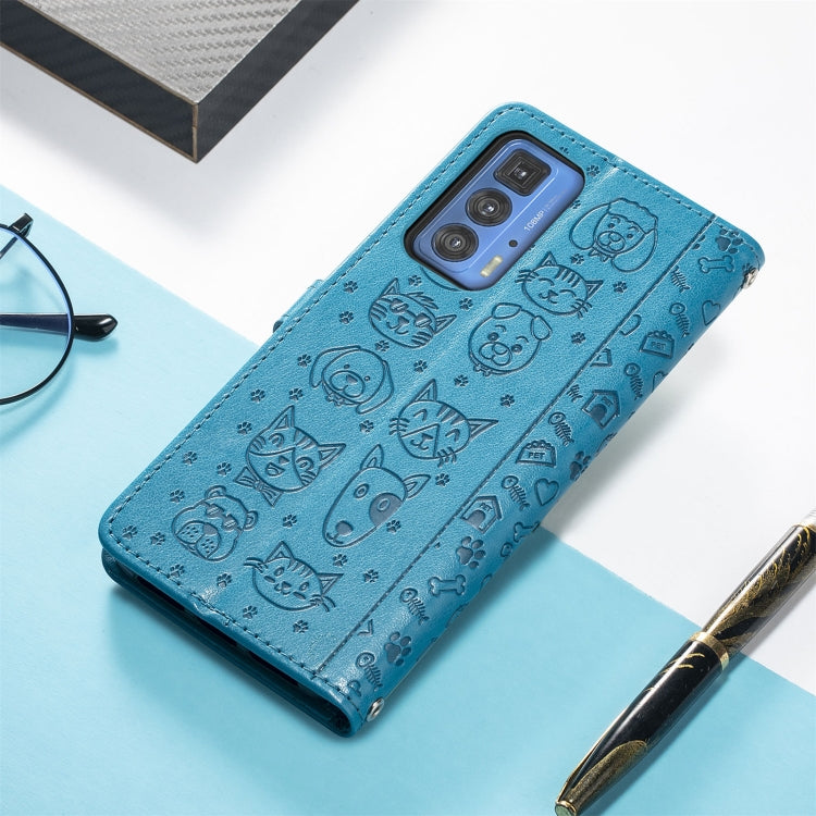 For Motorola Edge 20 Pro Lovely Cat and Dog Embossing Pattern Horizontal Flip Leather Case , with Holder & Card Slots & Wallet & Cartoon Clasp & Lanyard(Blue) - Motorola Cases by buy2fix | Online Shopping UK | buy2fix