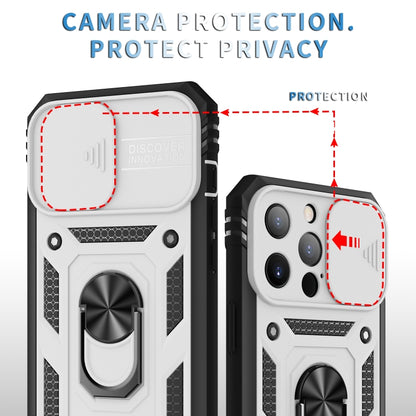 For iPhone 13 Pro Max Sliding Camera Cover Design TPU + PC Protective Case with 360 Degree Rotating Holder & Card Slot (White+Black) - iPhone 13 Pro Max Cases by buy2fix | Online Shopping UK | buy2fix