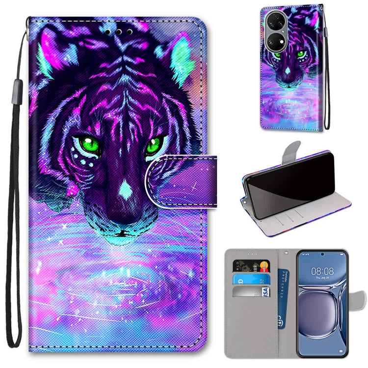 For Huawei P50 Coloured Drawing Cross Texture Horizontal Flip PU Leather Case with Holder & Card Slots & Wallet & Lanyard(Tiger Drinking Water) - Huawei Cases by buy2fix | Online Shopping UK | buy2fix