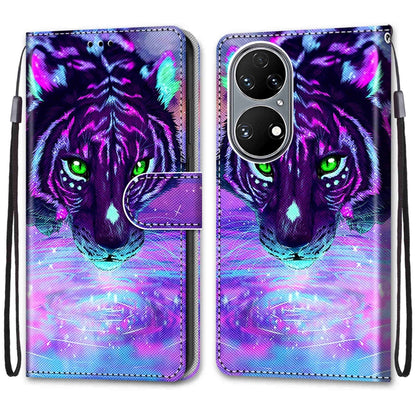 For Huawei P50 Coloured Drawing Cross Texture Horizontal Flip PU Leather Case with Holder & Card Slots & Wallet & Lanyard(Tiger Drinking Water) - Huawei Cases by buy2fix | Online Shopping UK | buy2fix