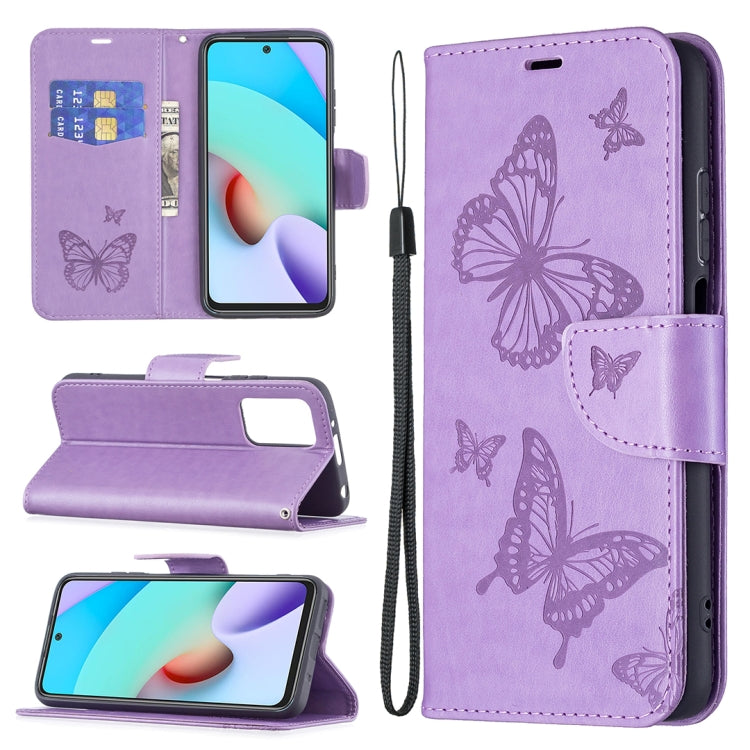 For Xiaomi Redmi 10 Two Butterflies Embossing Pattern Horizontal Flip Leather Case with Holder & Card Slot & Wallet & Lanyard(Purple) - Xiaomi Cases by buy2fix | Online Shopping UK | buy2fix