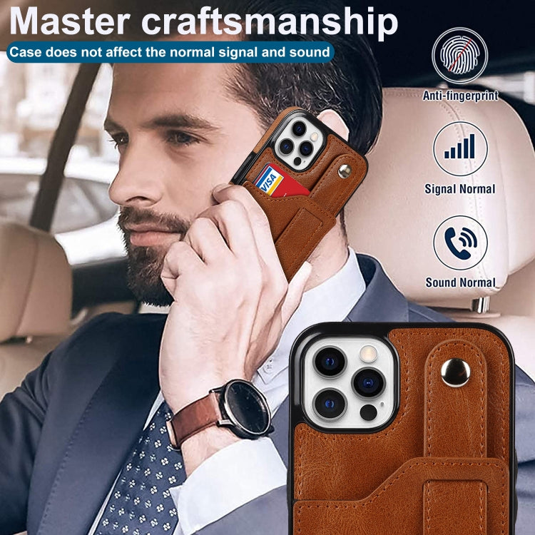 For iPhone 12 / 12 Pro Crazy Horse Texture Shockproof TPU + PU Leather Case with Card Slot & Wrist Strap Holder(Brown) - iPhone 12 / 12 Pro Cases by buy2fix | Online Shopping UK | buy2fix