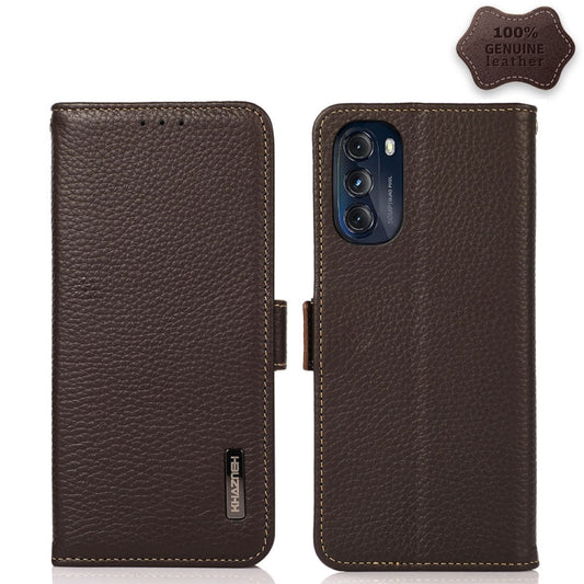 For Motorola Moto G 2022 5G KHAZNEH Side-Magnetic Litchi Genuine Leather RFID Phone Case(Brown) - Motorola Cases by buy2fix | Online Shopping UK | buy2fix