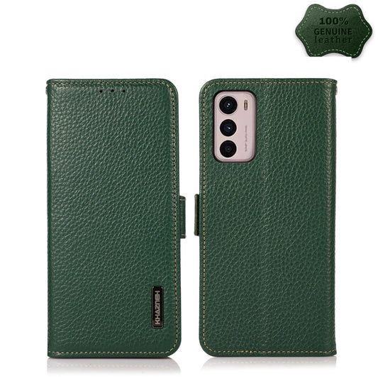 For Motorola Moto G42 KHAZNEH Side-Magnetic Litchi Genuine Leather RFID Phone Case(Green) - Motorola Cases by buy2fix | Online Shopping UK | buy2fix