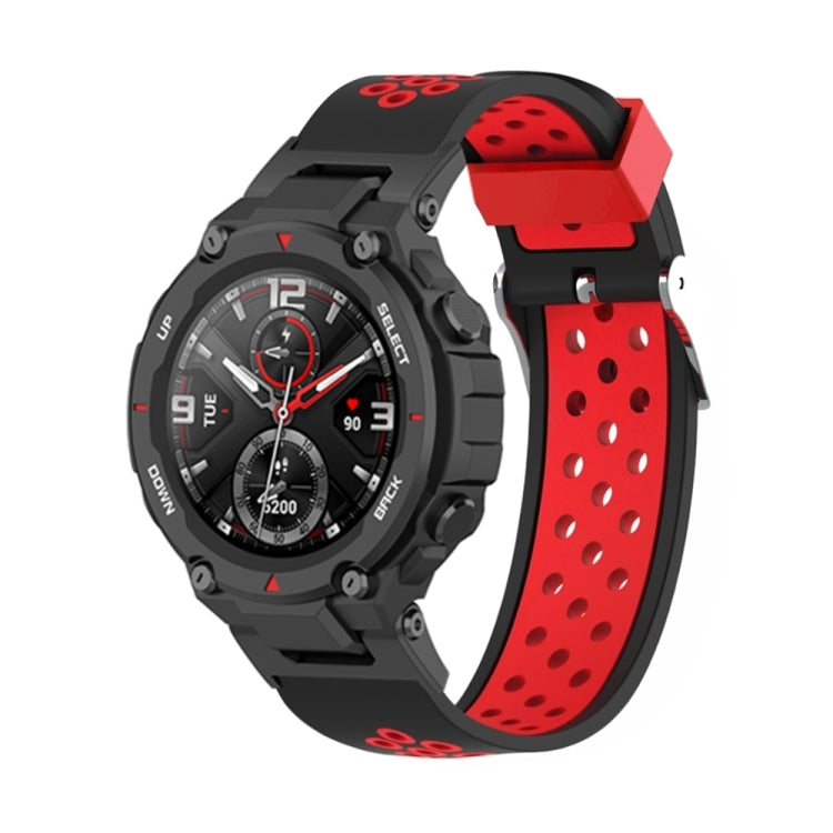 For Amazfit T-Rex / T-Rex Pro / Ares 3-Row Holes Two-color Silicone Watch Band(Black Red) - Watch Bands by buy2fix | Online Shopping UK | buy2fix
