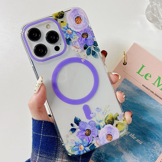 For iPhone 14 Flowers Dual-side Laminating Magsafe Phone Case(Purple) - iPhone 14 Cases by buy2fix | Online Shopping UK | buy2fix