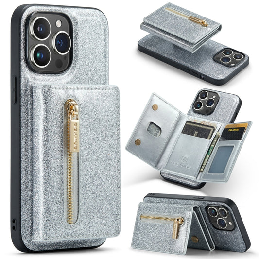 For iPhone 14 Pro Max DG.MING M3 Series Glitter Powder Card Bag Leather Case(Silver) - iPhone 14 Pro Max Cases by DG.MING | Online Shopping UK | buy2fix