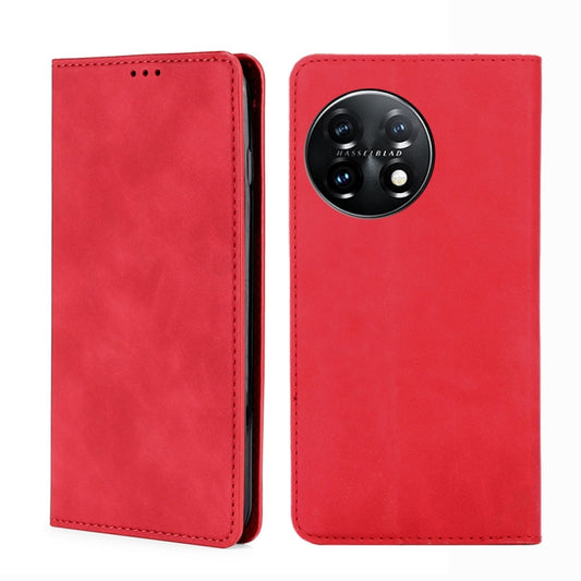 For OnePlus 11 Skin Feel Magnetic Horizontal Flip Leather Phone Case(Red) - OnePlus Cases by buy2fix | Online Shopping UK | buy2fix