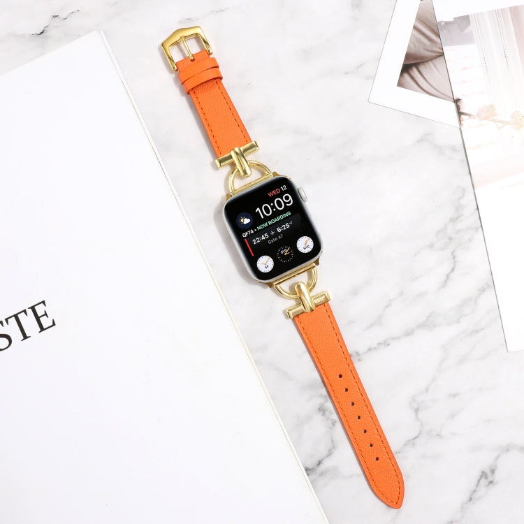 For Apple Watch Series 9&8&7 41mm / SE 3&SE 2&6&SE&5&4 40mm / 3&2&1 38mm D-Buckle Plain Genuine Leather Watch Band(Orange) - Watch Bands by buy2fix | Online Shopping UK | buy2fix