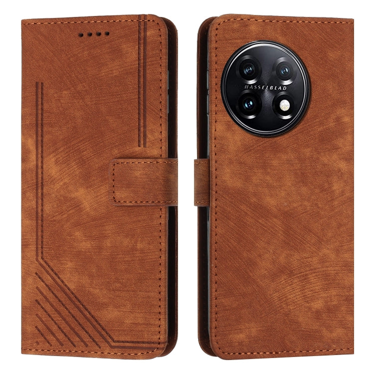 For OnePlus 11 Skin Feel Stripe Pattern Leather Phone Case with Lanyard(Brown) - OnePlus Cases by buy2fix | Online Shopping UK | buy2fix