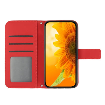 For Xiaomi Redmi 13C 5G Skin Feel Sun Flower Embossed Flip Leather Phone Case with Lanyard(Red) - 13C Cases by buy2fix | Online Shopping UK | buy2fix