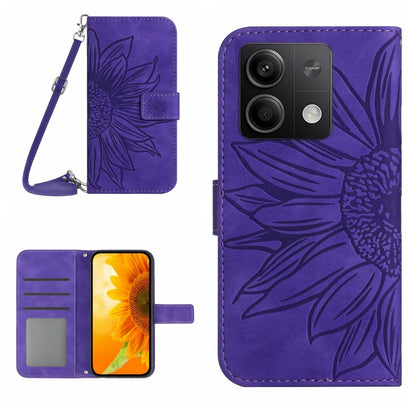 For Xiaomi Redmi Note 13 4G Global Skin Feel Sun Flower Embossed Flip Leather Phone Case with Lanyard(Dark Purple) - Note 13 Cases by buy2fix | Online Shopping UK | buy2fix