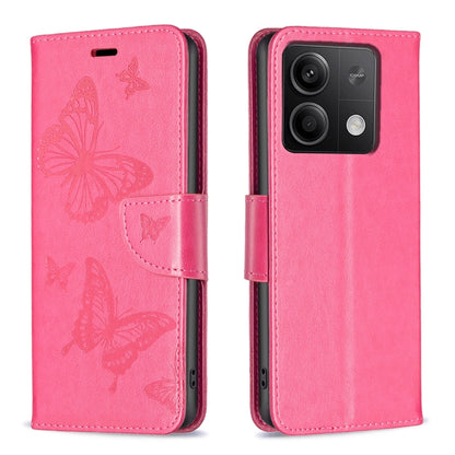 For Xiaomi Redmi Note 13 4G Global Two Butterflies Embossing Leather Phone Case(Rose Red) - Note 13 Cases by buy2fix | Online Shopping UK | buy2fix