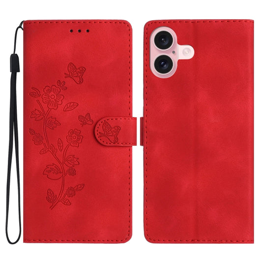 For iPhone 16 Plus Flower Butterfly Embossing Pattern Leather Phone Case(Red) - iPhone 16 Plus Cases by buy2fix | Online Shopping UK | buy2fix