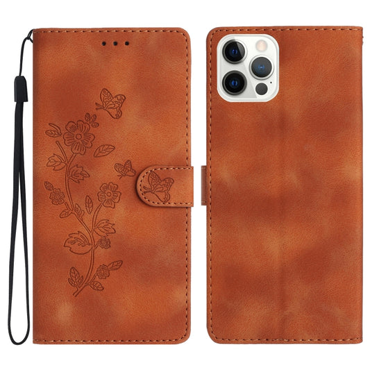 For iPhone 16 Pro Flower Butterfly Embossing Pattern Leather Phone Case(Brown) - iPhone 16 Pro Cases by buy2fix | Online Shopping UK | buy2fix