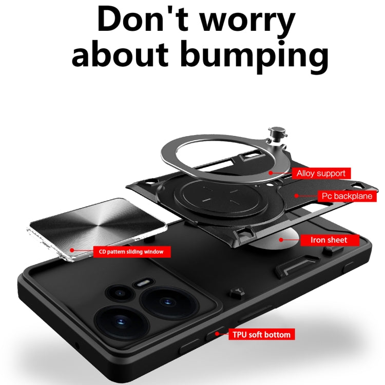 For Xiaomi Redmi Note 12 Turbo CD Texture Sliding Camshield Magnetic Holder Phone Case(Black) - Xiaomi Cases by buy2fix | Online Shopping UK | buy2fix