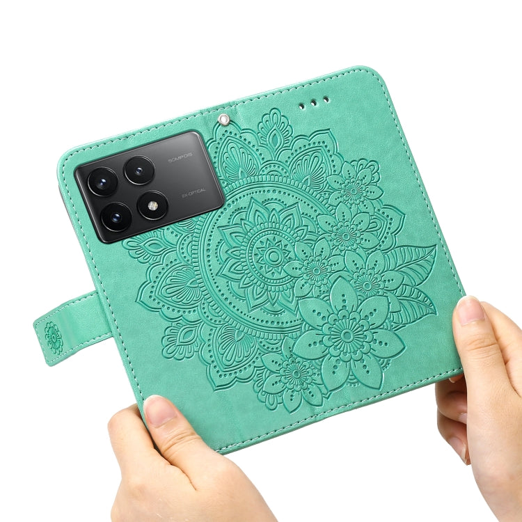 For Xiaomi Redmi K70E 7-petal Flowers Embossing Leather Phone Case(Green) - K70E Cases by buy2fix | Online Shopping UK | buy2fix