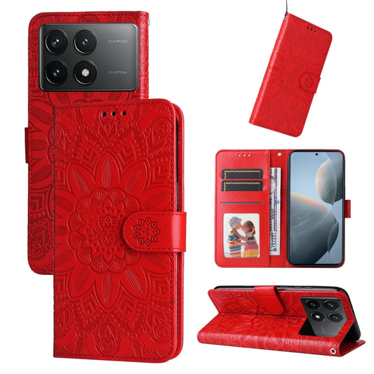 For Xiaomi Redmi K70 / K70 Pro Embossed Sunflower Leather Phone Case(Red) - K70 Pro Cases by buy2fix | Online Shopping UK | buy2fix