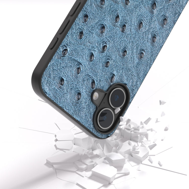 For iPhone 16 ABEEL Genuine Leather Ostrich Texture Phone Case(Blue) - iPhone 16 Cases by buy2fix | Online Shopping UK | buy2fix