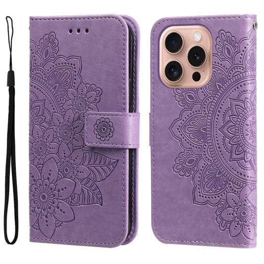 For iPhone 16 Pro 7-petal Flowers Embossing Leather Phone Case(Light Purple) - iPhone 16 Pro Cases by buy2fix | Online Shopping UK | buy2fix