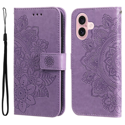 For iPhone 16 7-petal Flowers Embossing Leather Phone Case(Light Purple) - iPhone 16 Cases by buy2fix | Online Shopping UK | buy2fix