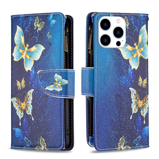 For iPhone 16 Pro Max Colored Drawing Pattern Zipper Phone Leather Case(Gold Butterfly) - iPhone 16 Pro Max Cases by buy2fix | Online Shopping UK | buy2fix