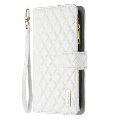 For iPhone 16 Plus Diamond Lattice Zipper Wallet Leather Flip Phone Case(White) - iPhone 16 Plus Cases by buy2fix | Online Shopping UK | buy2fix