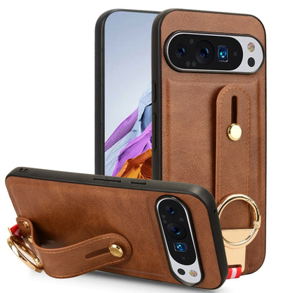 For Google Pixel 9 Pro XL Wristband Leather Back Phone Case(Brown) - Google Cases by buy2fix | Online Shopping UK | buy2fix