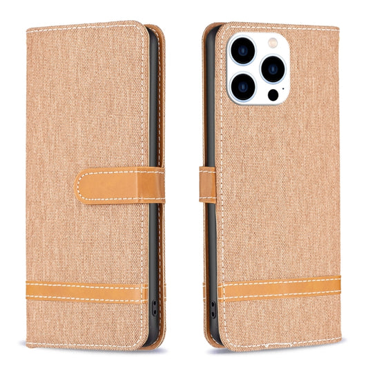 For iPhone 16 Pro Max Color Block Denim Texture Leather Phone Case(Brown) - iPhone 16 Pro Max Cases by buy2fix | Online Shopping UK | buy2fix