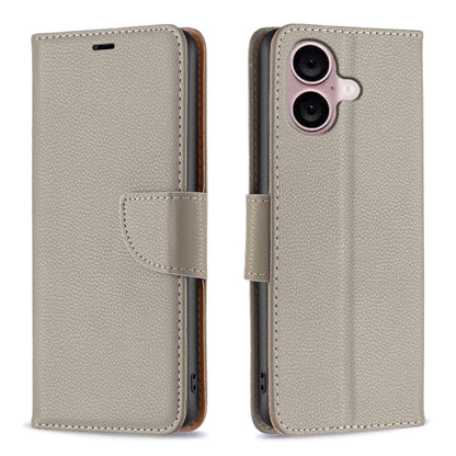 For iPhone 16 Litchi Texture Pure Color Flip Leather Phone Case(Grey) - iPhone 16 Cases by buy2fix | Online Shopping UK | buy2fix