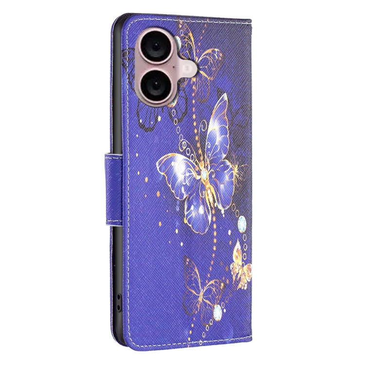 For iPhone 16 Colored Drawing Pattern Flip Leather Phone Case(Purple Butterfly) - iPhone 16 Cases by buy2fix | Online Shopping UK | buy2fix