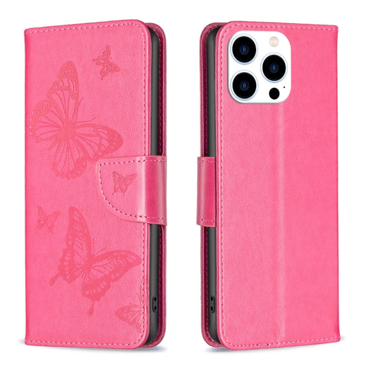 For iPhone 16 Pro Embossing Two Butterflies Pattern Leather Phone Case(Rose Red) - iPhone 16 Pro Cases by buy2fix | Online Shopping UK | buy2fix