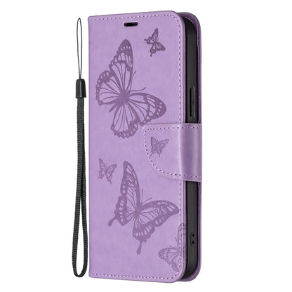 For iPhone 16 Plus Embossing Two Butterflies Pattern Leather Phone Case(Purple) - iPhone 16 Plus Cases by buy2fix | Online Shopping UK | buy2fix