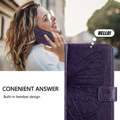 For iPhone 16 Pro Embossed Butterfly Leather Phone Case(Dark Purple) - iPhone 16 Pro Cases by buy2fix | Online Shopping UK | buy2fix