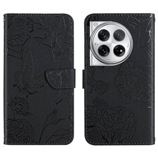 For OnePlus 12 5G Global Skin Feel Butterfly Peony Embossed Leather Phone Case(Black) - OnePlus Cases by buy2fix | Online Shopping UK | buy2fix