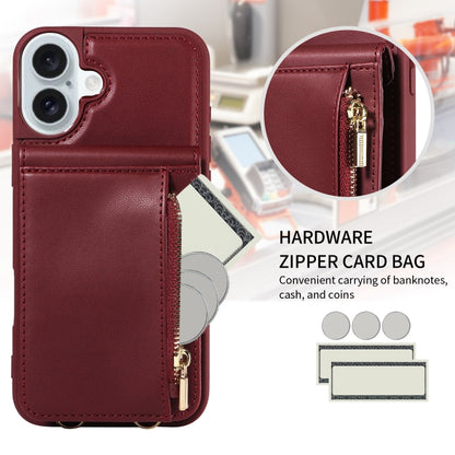 For iPhone 16 Plus Crossbody Lanyard Zipper Wallet Leather Phone Case(Wine Red) - iPhone 16 Plus Cases by buy2fix | Online Shopping UK | buy2fix