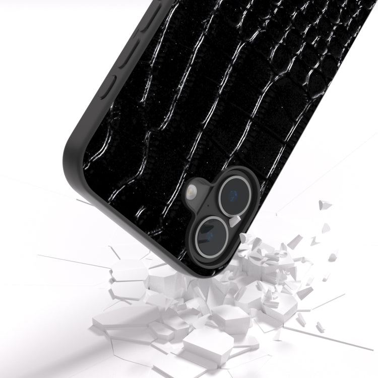 For iPhone 16 ABEEL Genuine Leather Crocodile Pattern Black Edge Phone Case(Black) - iPhone 16 Cases by buy2fix | Online Shopping UK | buy2fix