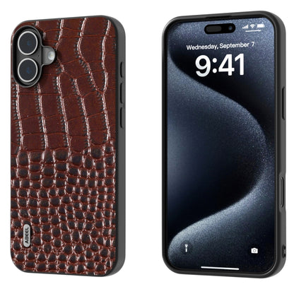 For iPhone 16 Plus ABEEL Genuine Leather Crocodile Pattern Black Edge Phone Case(Coffee) - iPhone 16 Plus Cases by buy2fix | Online Shopping UK | buy2fix