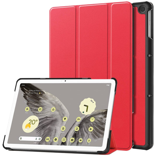 For Google Pixel Tablet Custer Pure Color 3-Fold Holder Smart Leather Tablet Case(Red) - Google by buy2fix | Online Shopping UK | buy2fix